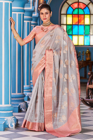 Amiable Grey Organza Silk Saree With Fragrant Blouse Piece