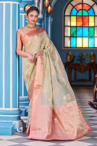 Tempting Pista Organza Silk Saree With Prodigal Blouse Piece