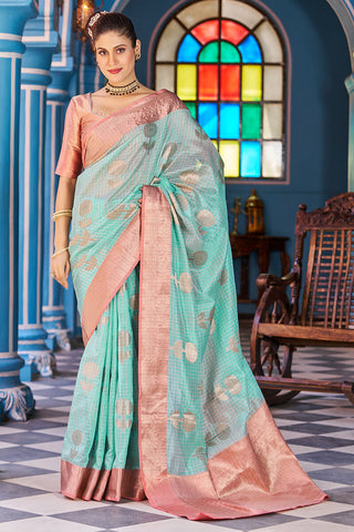 Incredible Sea Green Organza Silk Saree With Fantabulous Blouse Piece