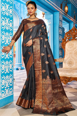 Stunning Black Banarasi Silk Saree With Amazing Blouse Piece