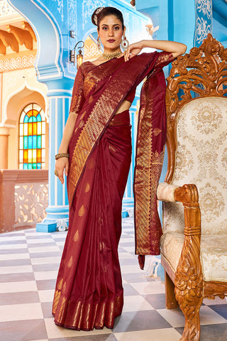 Sizzling Maroon Banarasi Silk Saree With Alluring Blouse Piece