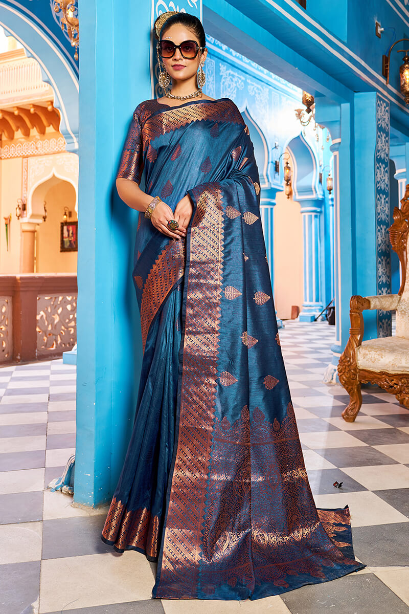 Mesmerising Navy Blue Banarasi Silk Saree With Stylish Blouse Piece