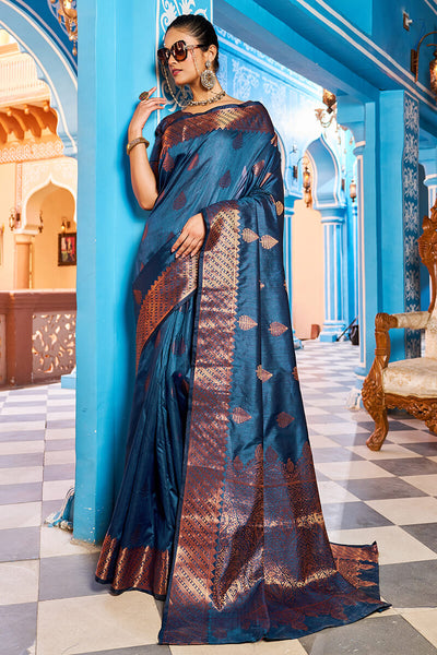 Mesmerising Navy Blue Banarasi Silk Saree With Stylish Blouse Piece
