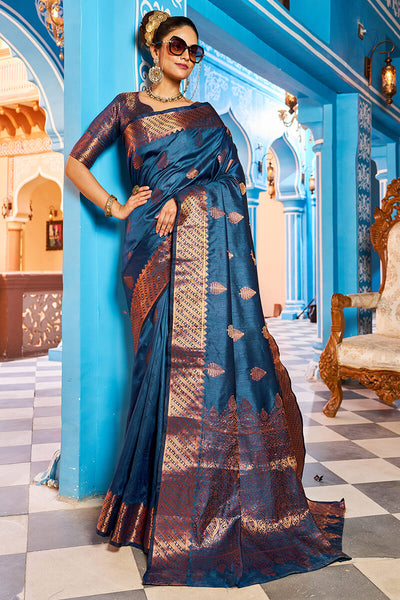 Mesmerising Navy Blue Banarasi Silk Saree With Stylish Blouse Piece