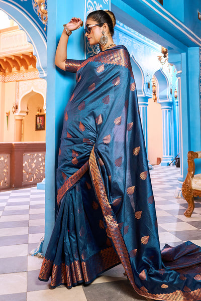 Mesmerising Navy Blue Banarasi Silk Saree With Stylish Blouse Piece