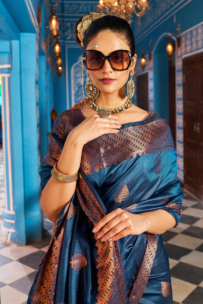 Mesmerising Navy Blue Banarasi Silk Saree With Stylish Blouse Piece