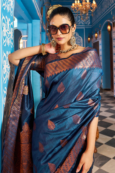 Mesmerising Navy Blue Banarasi Silk Saree With Stylish Blouse Piece
