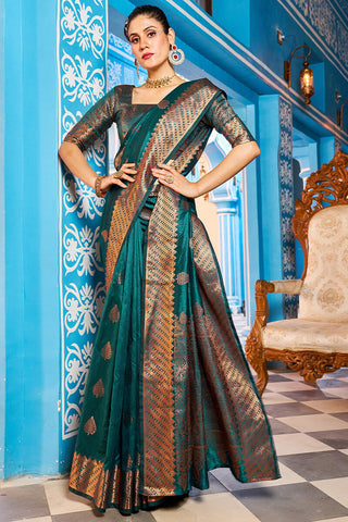 Deserving Rama Banarasi Silk Saree With Staring Blouse Piece