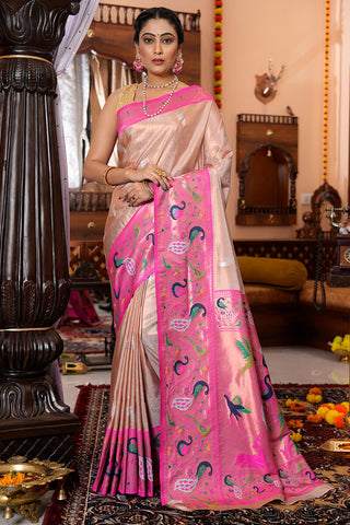 Excellent Baby Pink Paithani Silk Saree With Ailurophile Blouse Piece