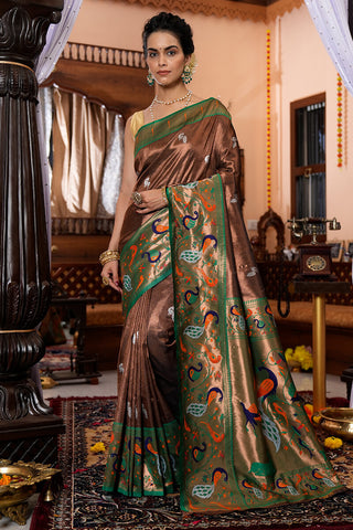 Prettiest Brown Paithani Silk Saree With Fancifull Blouse Piece