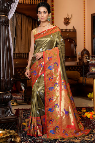 Stunner Mehndi Paithani Silk Saree With Super classy Blouse Piece