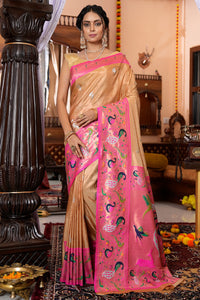 Traditional Peach Paithani Silk Saree With Beauteous Blouse Piece