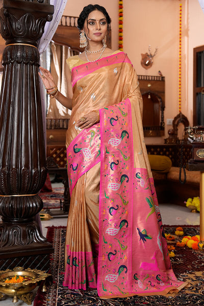 Traditional Peach Paithani Silk Saree With Beauteous Blouse Piece
