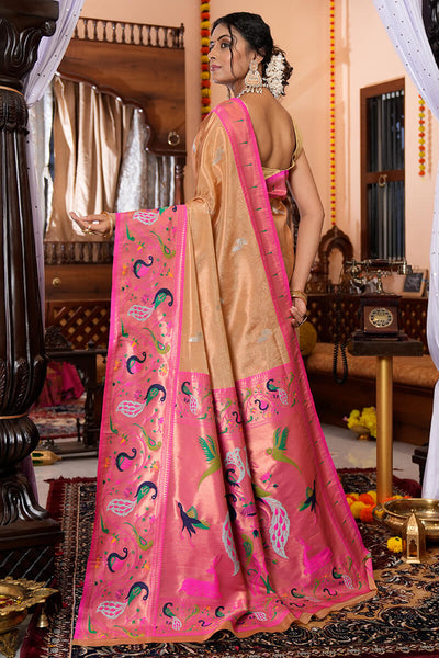 Traditional Peach Paithani Silk Saree With Beauteous Blouse Piece