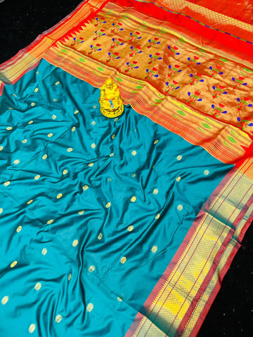 Classy Firozi Paithani Silk Saree With Extraordinary Blouse Piece