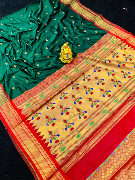 Energetic Green Paithani Silk Saree With Refreshing Blouse Piece