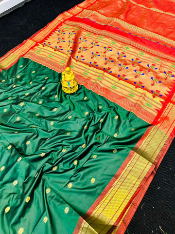 Energetic Green Paithani Silk Saree With Refreshing Blouse Piece