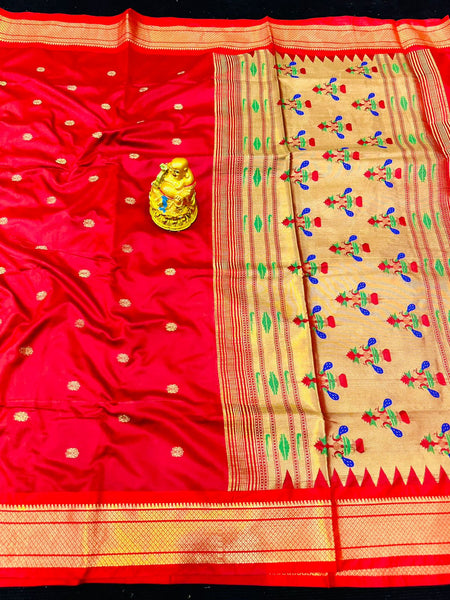 Deserving Red Paithani Silk Saree With Eye-catching Blouse Piece