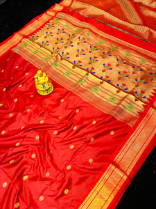 Deserving Red Paithani Silk Saree With Eye-catching Blouse Piece