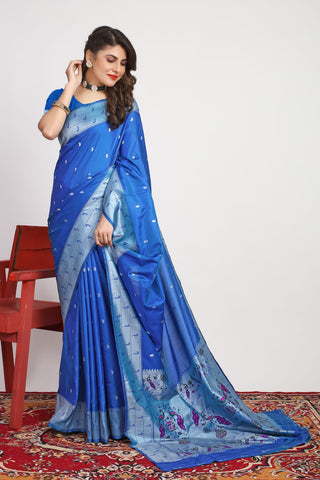 Gorgeous Blue Paithani Silk Saree With Alluring Blouse Piece