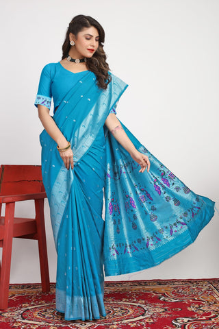 Marvellous Firozi Paithani Silk Saree With Stylish Blouse Piece
