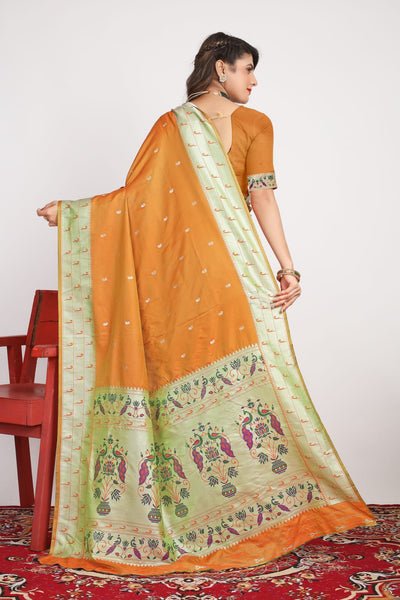 Invaluable Orange Paithani Silk Saree With Staring Blouse Piece