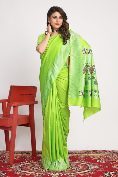 Deserving Parrot Paithani Silk Saree With Glowing Blouse Piece