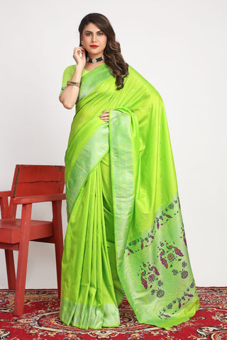 Deserving Parrot Paithani Silk Saree With Glowing Blouse Piece