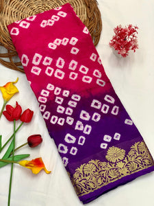 Ideal Dark Pink Bandhani Silk Saree With Admirable Blouse Piece