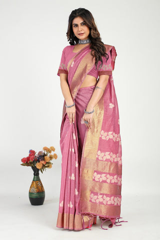 Radiant Pink Cotton Silk Saree With Flamboyant Blouse Piece