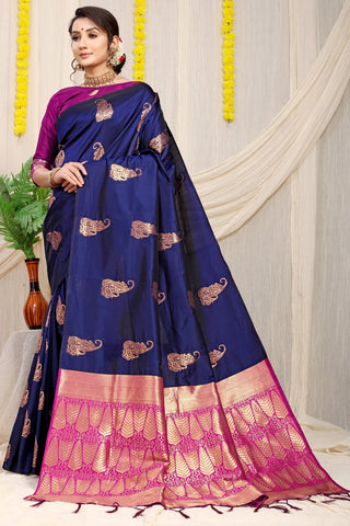 Sensational Navy Blue Banarasi Silk With Sizzling Blouse Piece