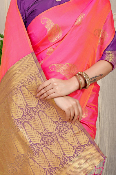 Stylish Pink Banarasi Silk With Skinny Blouse Piece