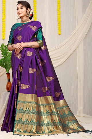 Charming Royal Purple Banarasi Silk With Glowing Blouse Piece