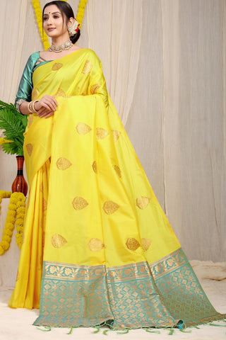 Ravishing Lemon Banarasi Silk Saree With Opulent Blouse Piece