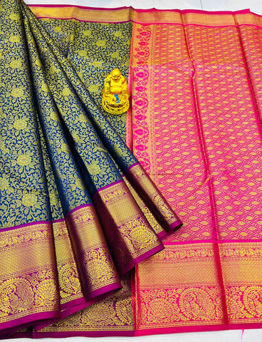 Stylish Navy Blue Kanjivaram Silk With Capricious Blouse Piece