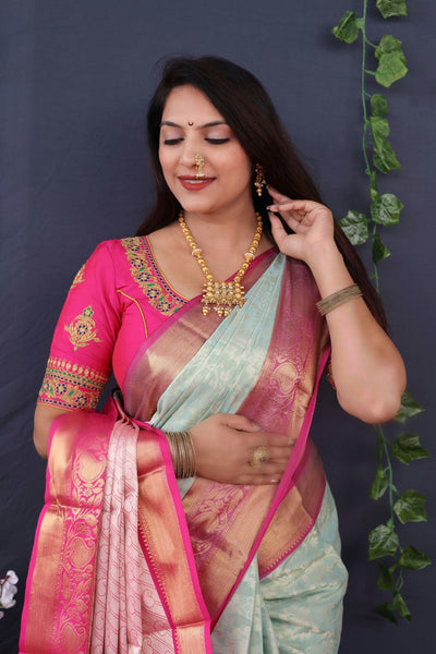 Transcendent Sky Kanjivaram Silk With Enchanting Blouse Piece