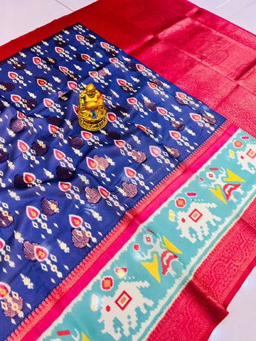 Trendy Blue Patola Silk Saree with Stunning Blouse Piece