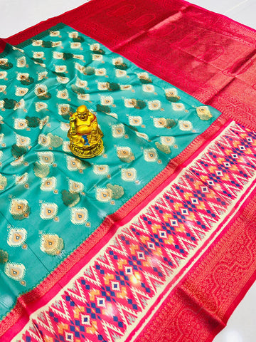 Skinny Rama Patola Silk Saree with Designer Blouse Piece