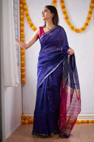 Sizzling Navy Blue Cotton Silk Saree With Mesmerising Blouse Piece