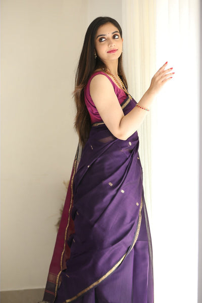 Flattering Purple Cotton Silk Saree With Extraordinary Blouse Piece