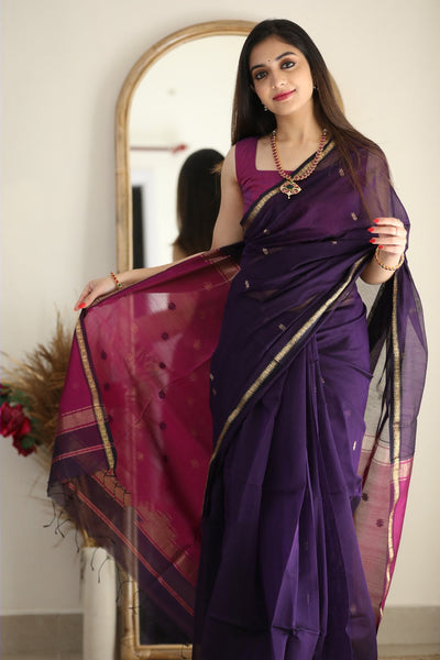 Flattering Purple Cotton Silk Saree With Extraordinary Blouse Piece