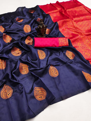 Embrocation Navy Blue Soft Silk Saree With Diaphanous Blouse Piece