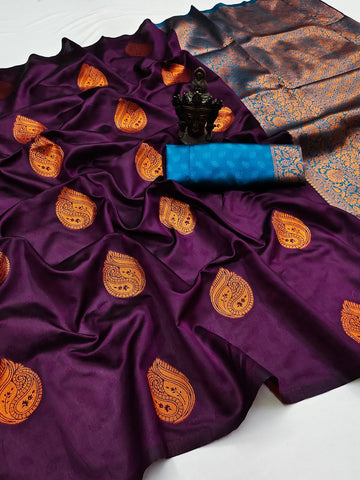 Fugacious Purple Soft Silk Saree With Cynosure  Blouse Piece