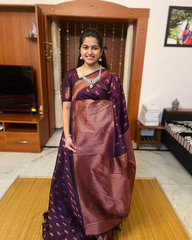 Exquisite Wine Soft Silk Saree With Admirable Blouse Piece